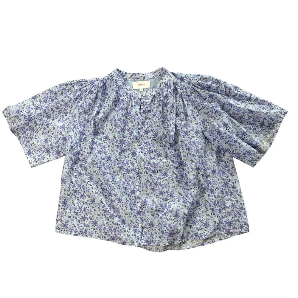 XiRENA Carys Shirt blue willow floral XS relaxed cotton silk purple blouse top - Picture 6 of 9